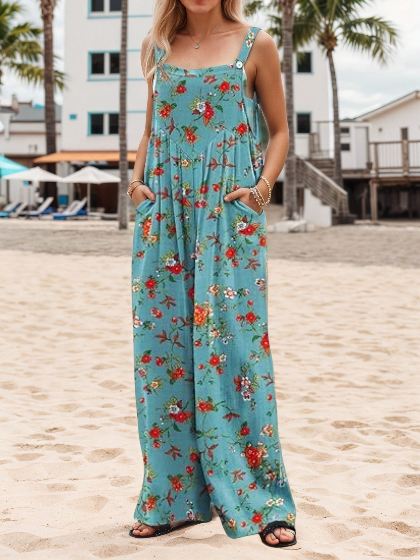 Women's Boho Floral Wide-Leg Jumpsuit with Pockets - Summer Casual Loose Overalls