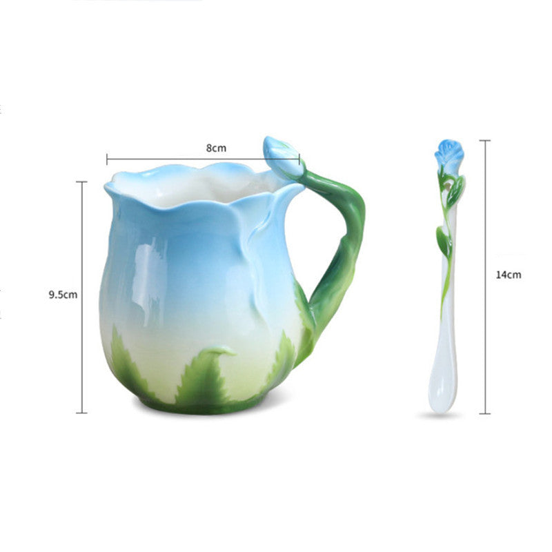 Flower Shaped Porcelain Coffee Mug - Enamel Rose Tea Cup with Spoon