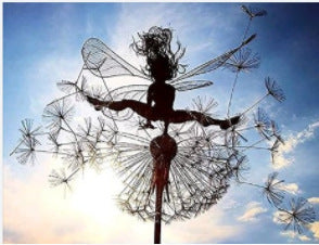 Metal Fairy Garden Sculpture - Dancing Elves with Dandelions