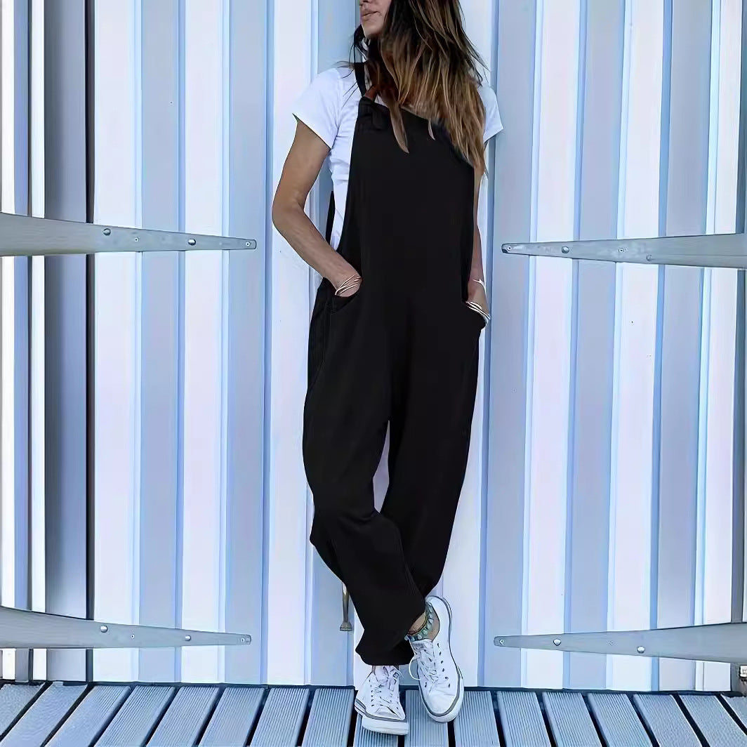 Women's Loose Fit Sleeveless Jumpsuit with Pockets - Casual Streetwear Overalls