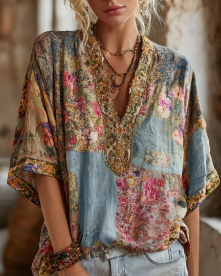 Boho Patchwork V-Neck Blouse - Loose Fit Casual Top