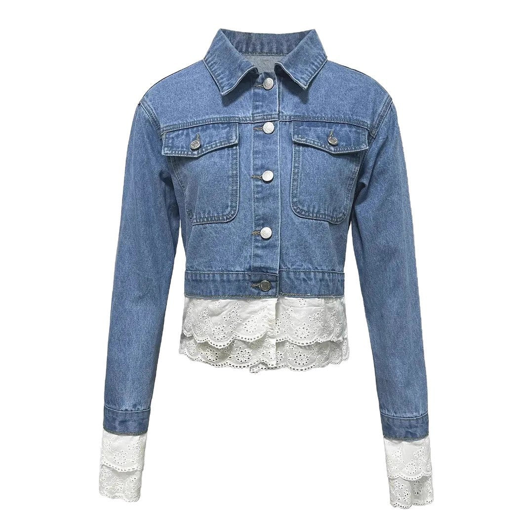 Women's Lace Trim Denim Jacket - Cropped Jean Jacket with Feminine Edge