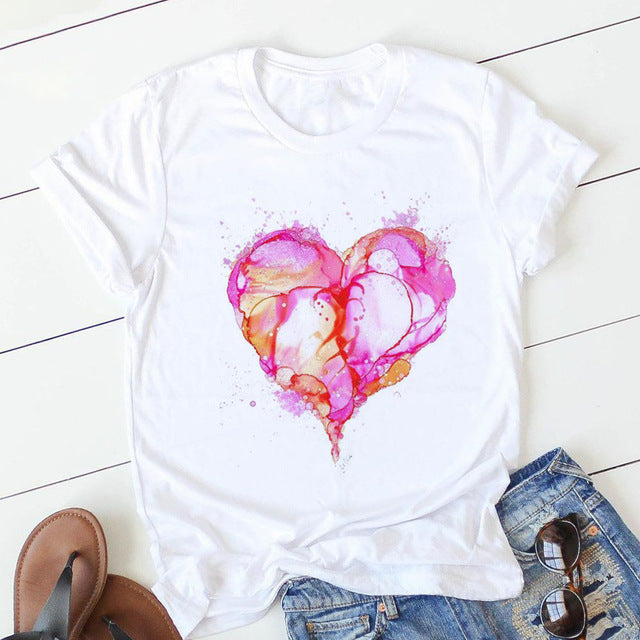 Women's Heart & Flower Print Short Sleeve T-Shirt - Casual Graphic Tee