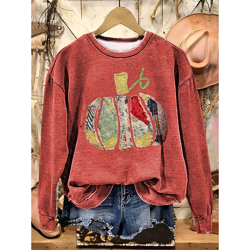 Vintage Pumpkin Patchwork Long Sleeve - Women's Fall & Halloween Graphic Tee
