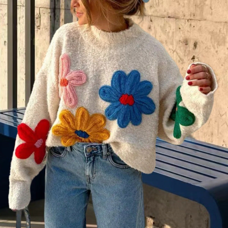 Colorful Flower Embroidered Pullover Sweater - Women's Street Style Knit