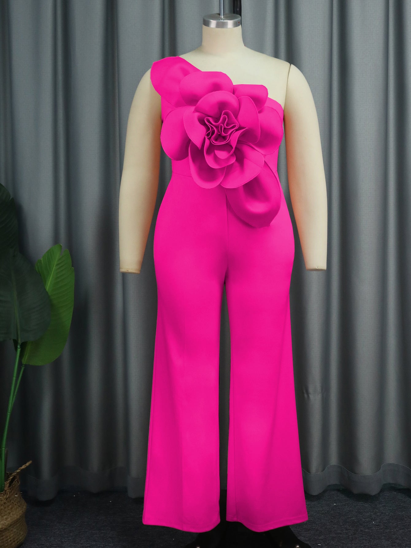 3D Flower Statement Jumpsuit - Elegant One-Shoulder Wide-Leg Romper