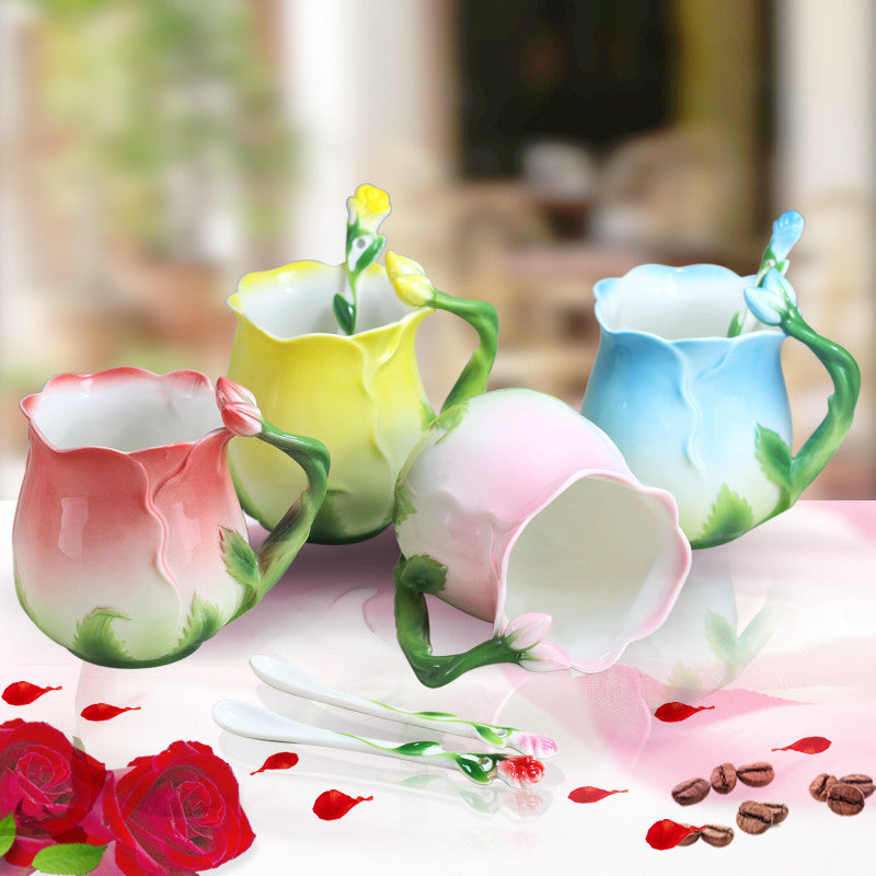 Flower Shaped Porcelain Coffee Mug - Enamel Rose Tea Cup with Spoon