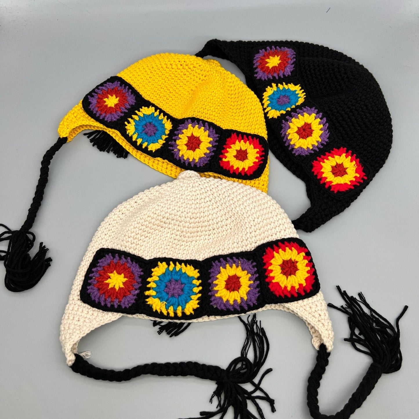 Handmade Crochet Flower Knit Winter Hat - Boho Earflap Beanie