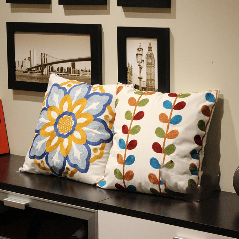Embroidered Nordic Floral Cushion Cover - 45x45cm Cotton Pillowcase