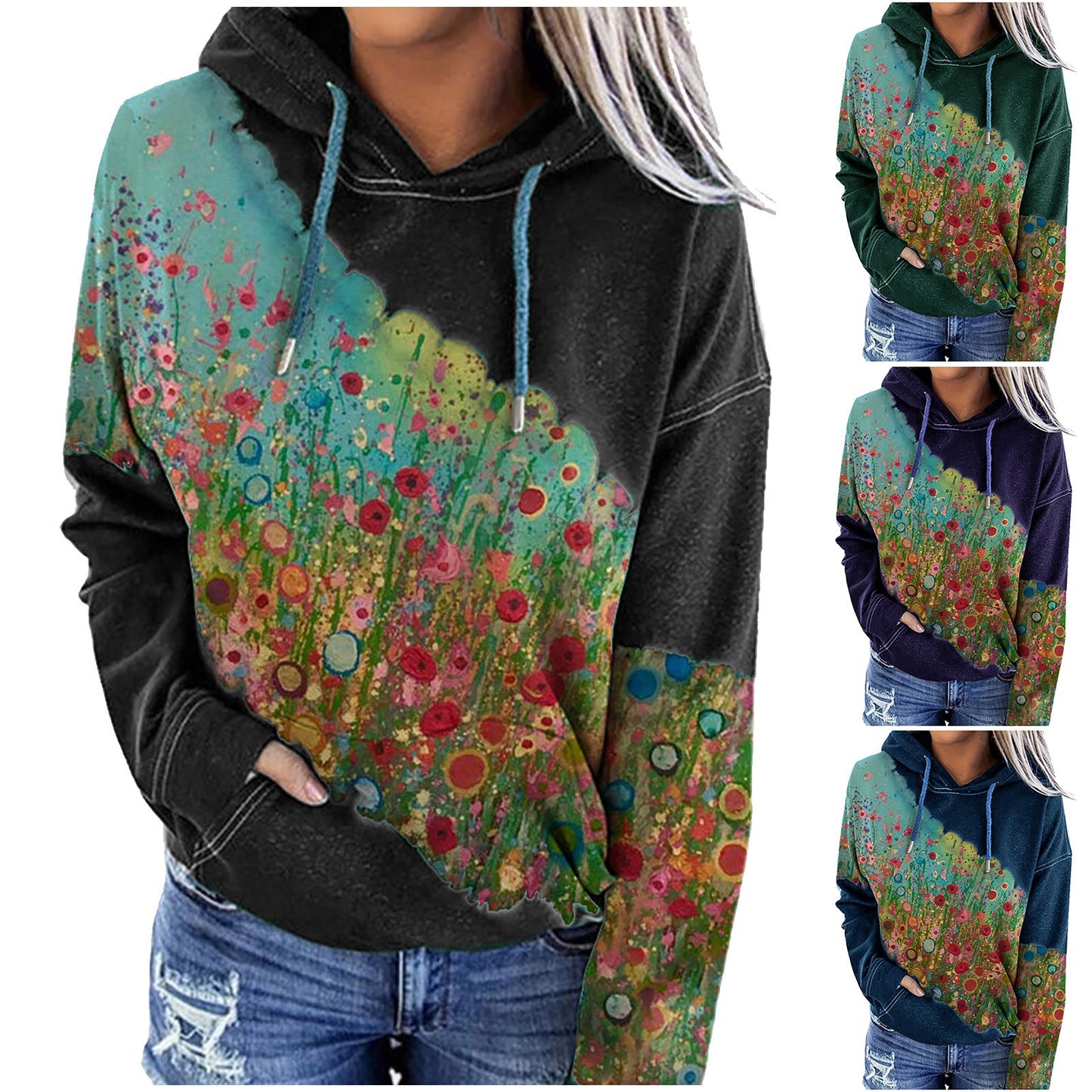 Women's Floral Print Hoodie - Long Sleeve Casual Pullover Sweatshirt