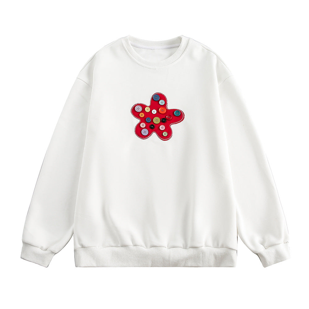 Button Flower Patch Loose Fit Round Neck Sweatshirt