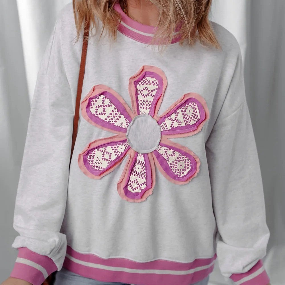 Retro Gray Flower Patch Sweatshirt - Contrast Trim Crewneck Pullover