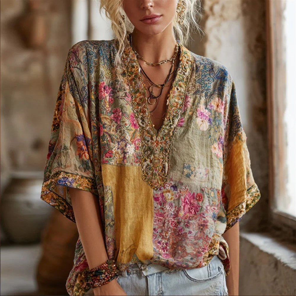 Boho Patchwork V-Neck Blouse - Loose Fit Casual Top