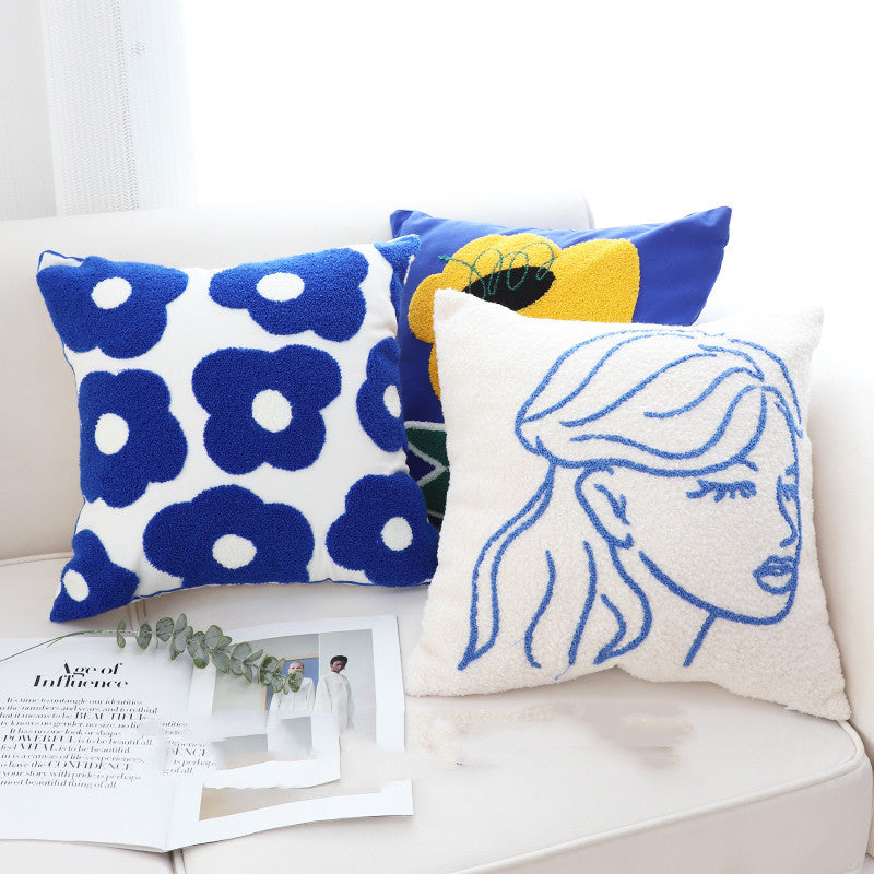 Blue Flower Embroidered Pillowcase - Modern Decorative Cushion Cover (45x45cm)