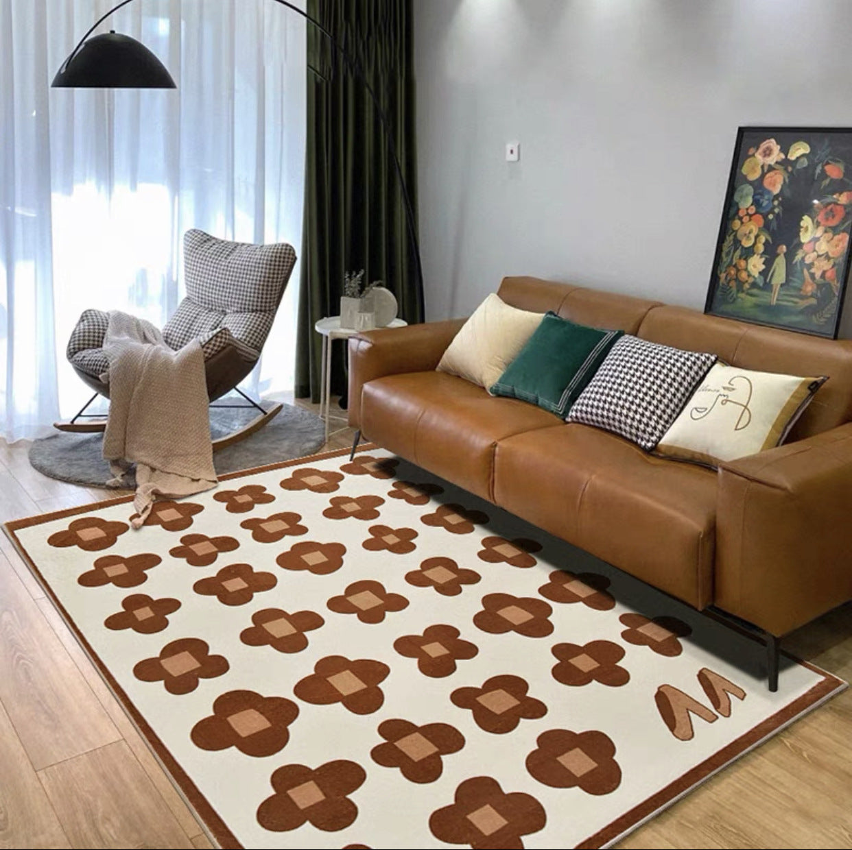 Retro Flower Print Area Rug - Soft Polyester Carpet for Living Room & Bedroom