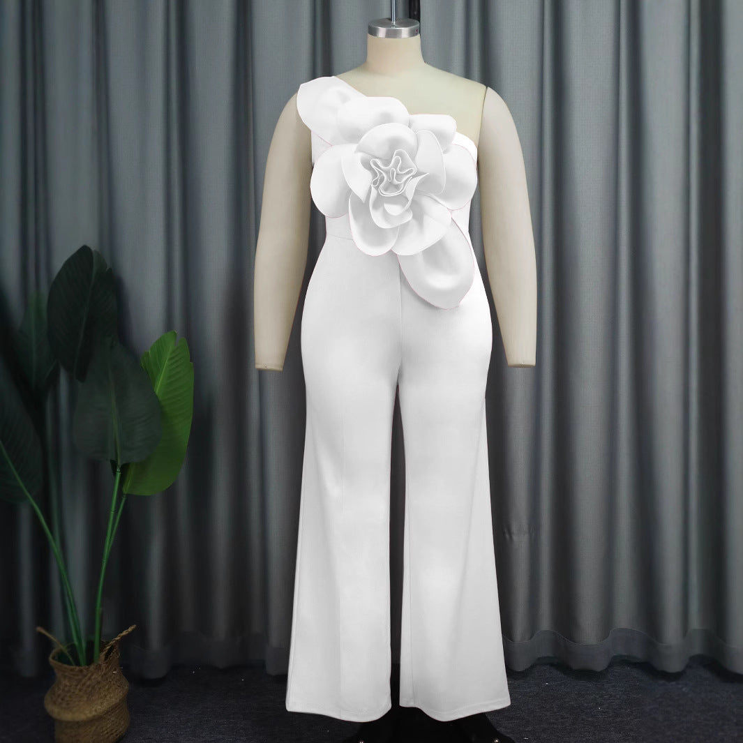 3D Flower Statement Jumpsuit - Elegant One-Shoulder Wide-Leg Romper