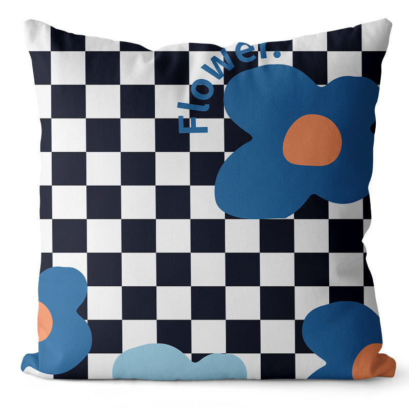 Checkerboard Flower Print Pillow Cover - Modern Colorful Cushion Case (45x45cm)