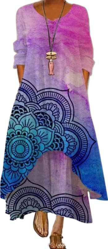 Boho Floral & Abstract Maxi Dress - Irregular Hem, Casual Loose Fit