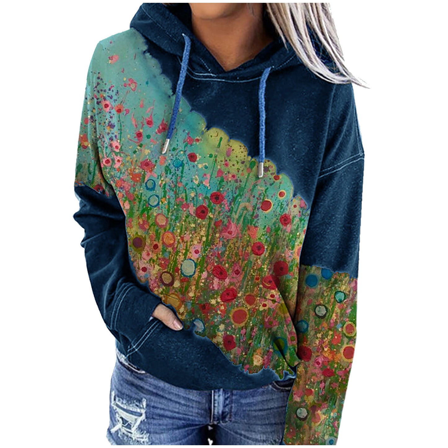 Women's Floral Print Hoodie - Long Sleeve Casual Pullover Sweatshirt