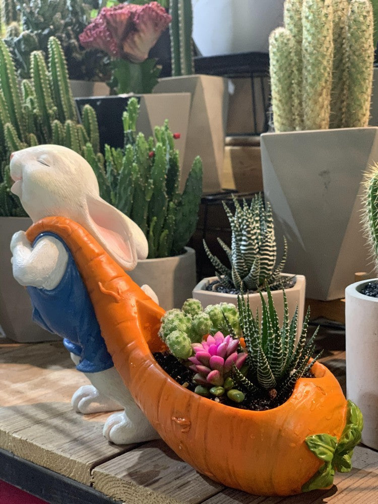 Resin Rabbit Planter with Carrot Flower Pot - Cute Succulent & Desk Decor