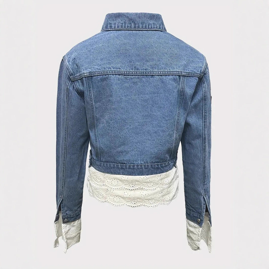 Women's Lace Trim Denim Jacket - Cropped Jean Jacket with Feminine Edge