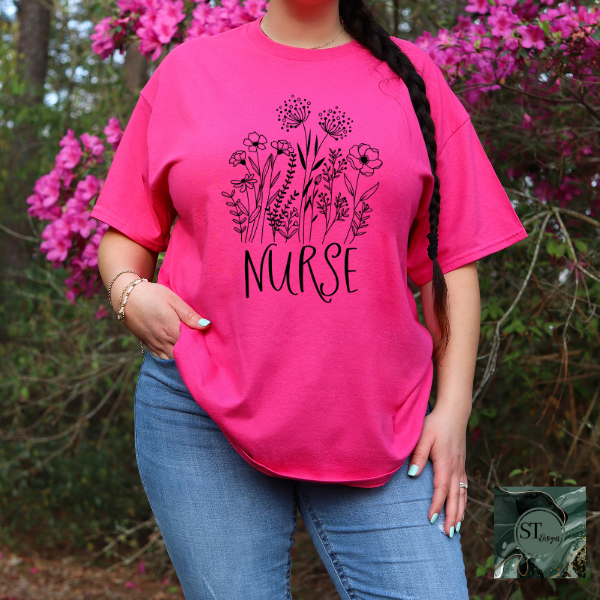 Floral Nurse black print T-Shirt-4