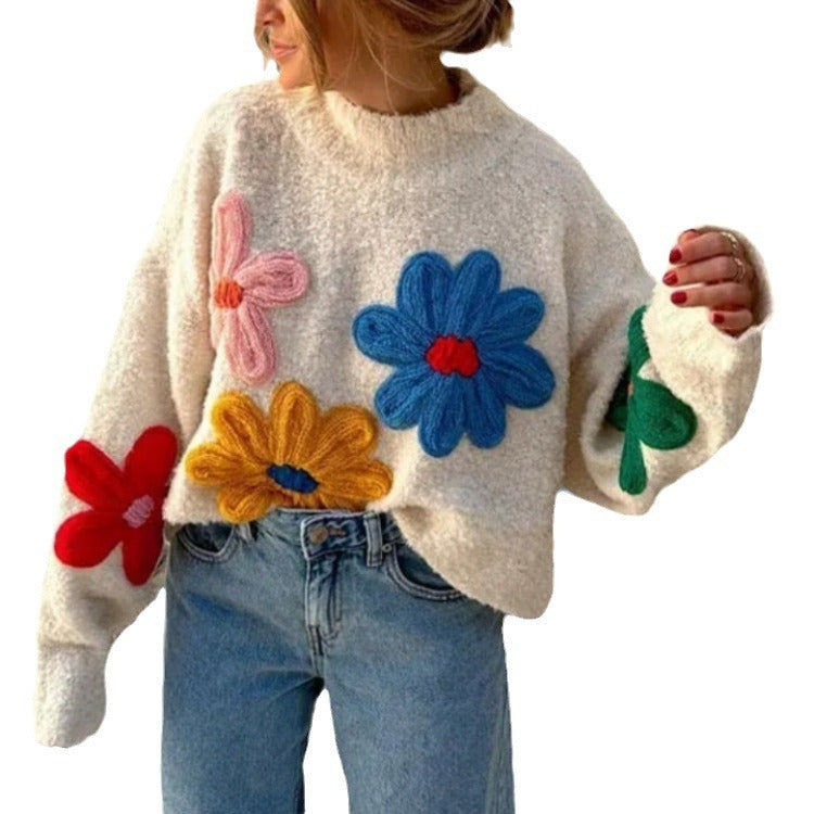 Colorful Flower Embroidered Pullover Sweater - Women's Street Style Knit