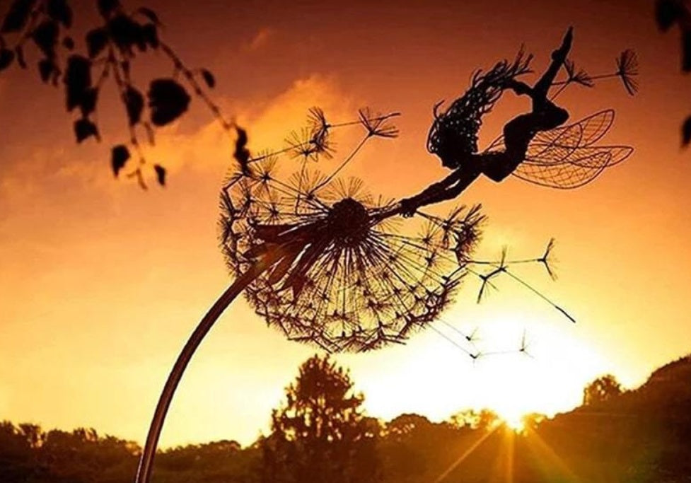 Metal Fairy Garden Sculpture - Dancing Elves with Dandelions