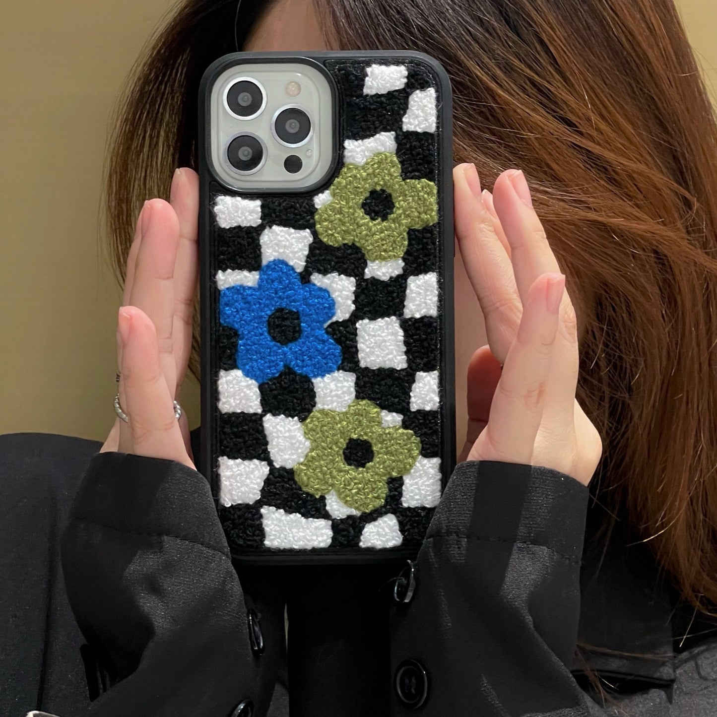 Checkerboard Floral iPhone Case - Retro Grid Silicone Cover