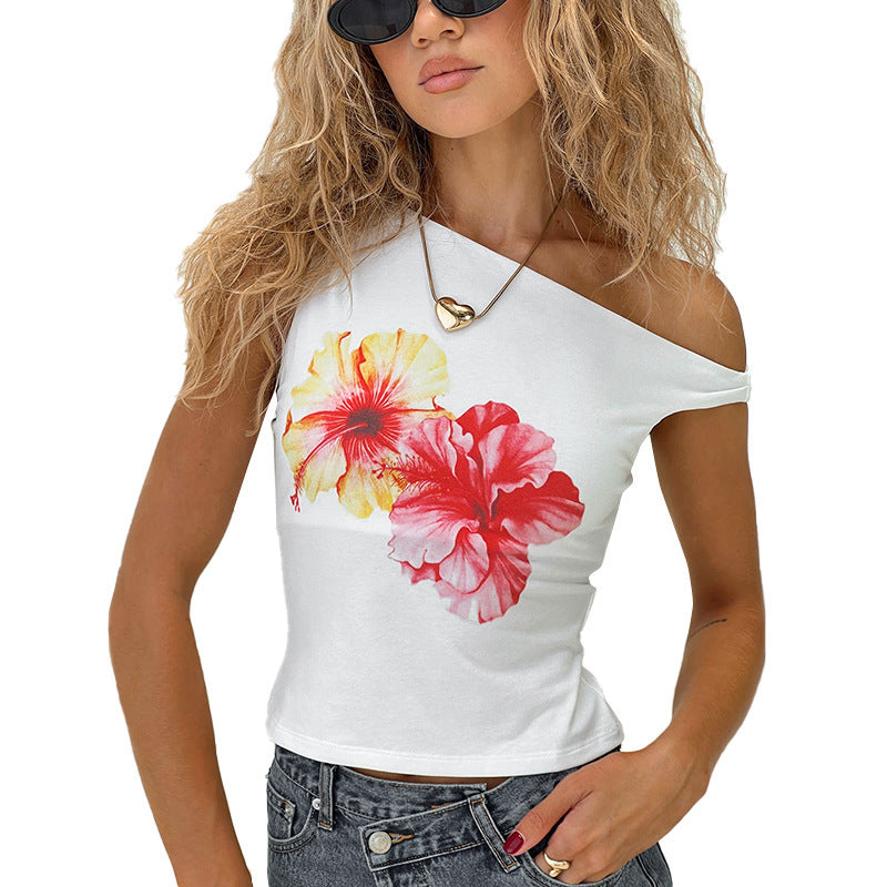 Tropical Hibiscus Off-Shoulder Flower Print Slim Fit T-Shirt
