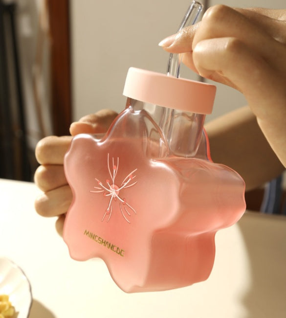 Pink Flower Glass Cup with Straw - Heat-Resistant 355ml Drinkware