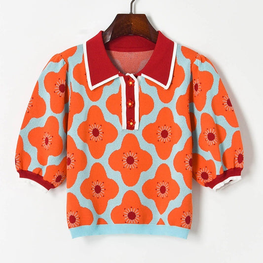 Retro Flower Print Knit Polo Sweater - Short Sleeve Cropped Top (S-L)