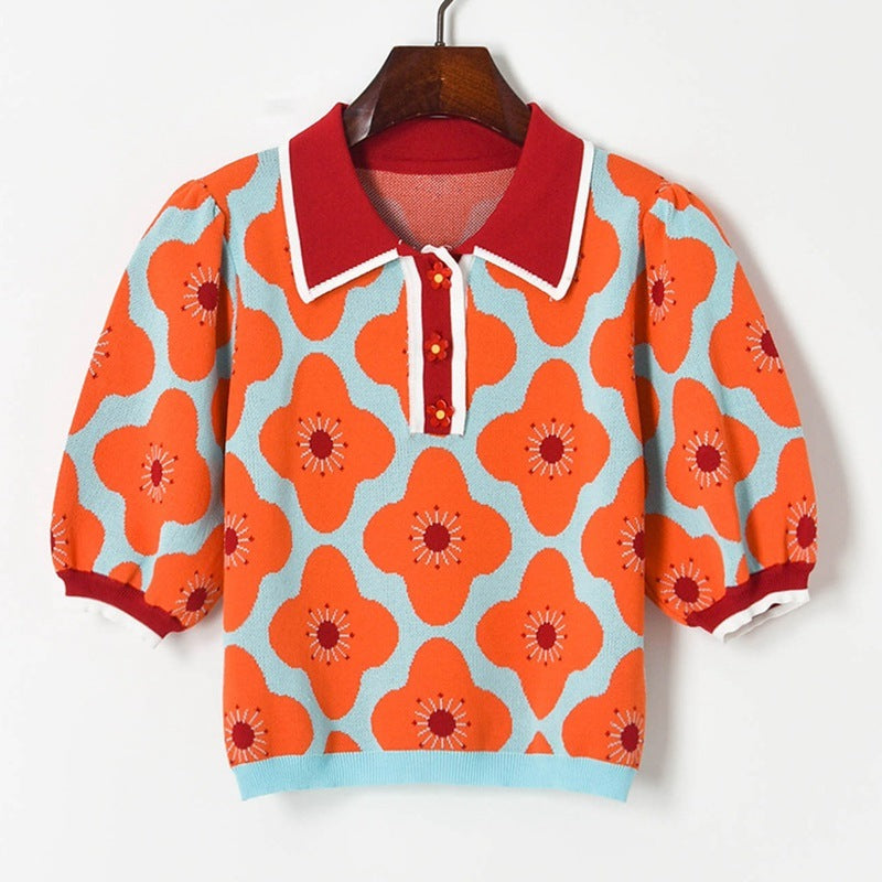 Retro Flower Print Knit Polo Sweater - Short Sleeve Cropped Top (S-L)