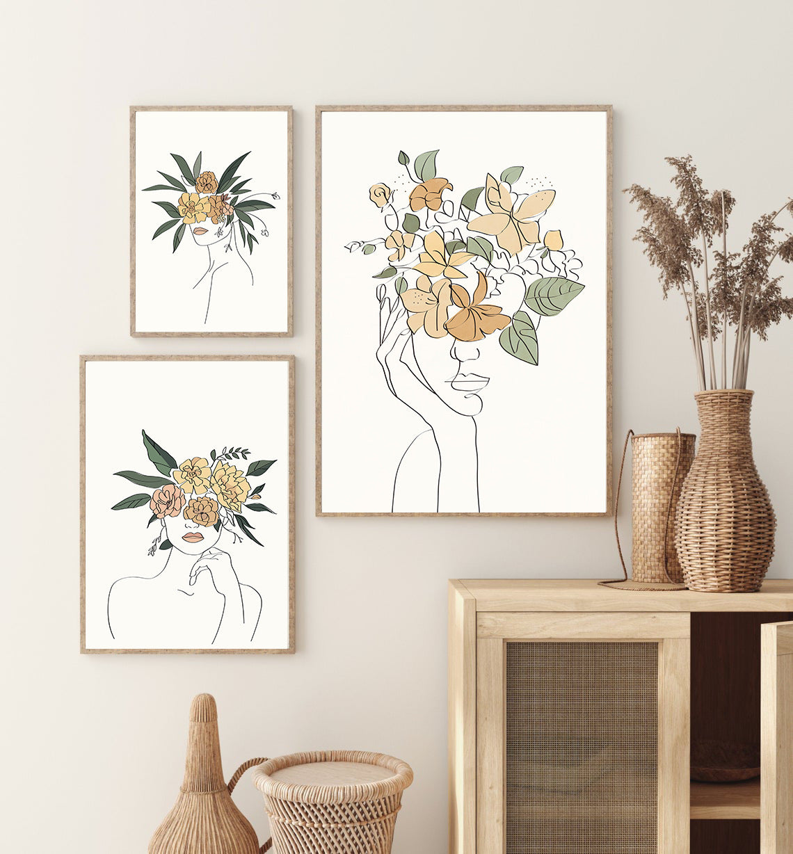 Minimalist Line Art Flower Canvas Prints - Nordic Botanical Wall Decor