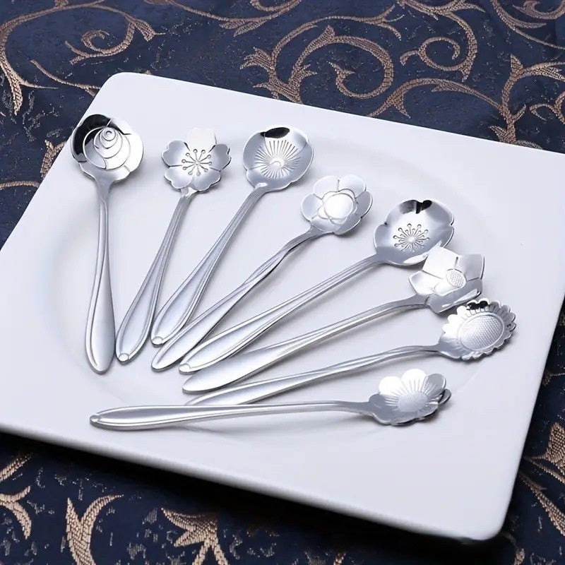 8-Piece Stainless Steel Flower Spoons - Coffee & Dessert Teaspoon Set (Gold, Silver, or Rainbow)