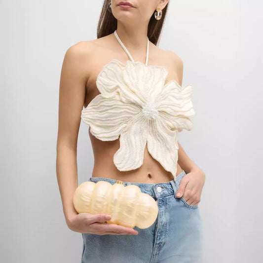 Beaded Flower Tube Top - Pearl Embellished Strapless Statement Top