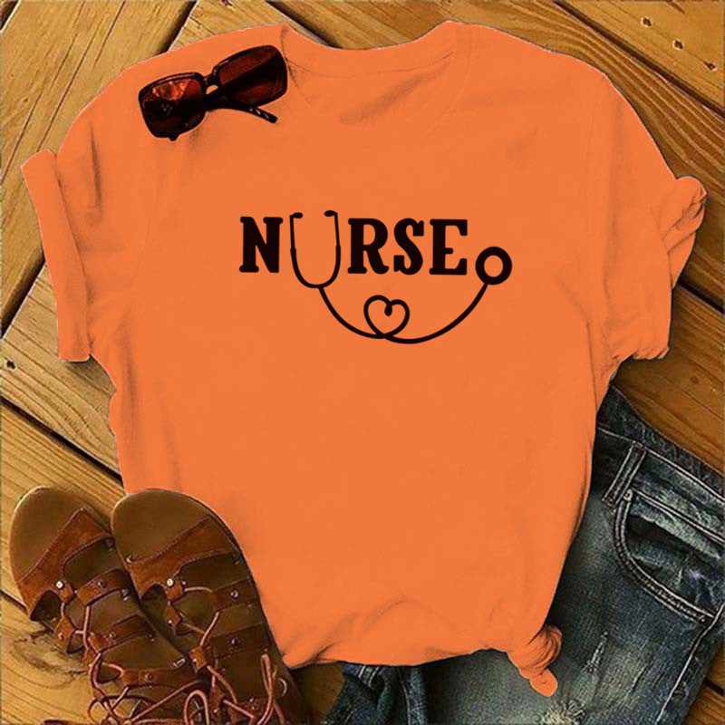 Nurse Graphic T-Shirt - Stethoscope Heart Print Short Sleeve