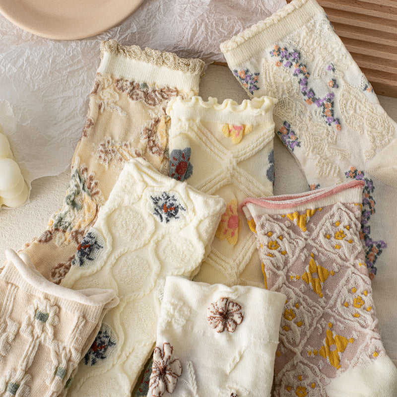7-Pair Set - Women's Vintage Floral Lace Socks, Sheer Embroidered Dress Socks