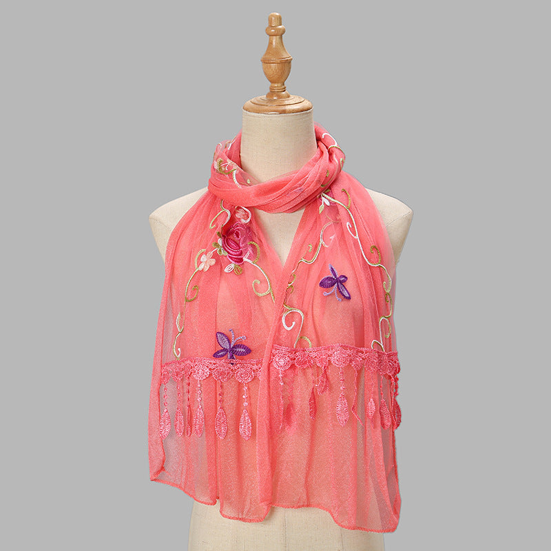 Embroidered Floral Tassel Scarf - Lightweight Double-Layer Wrap for Women