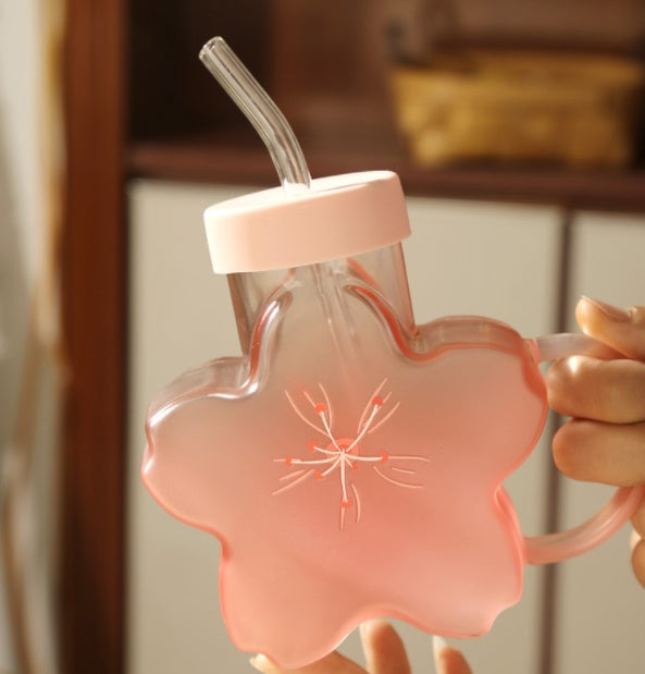 Pink Flower Glass Cup with Straw - Heat-Resistant 355ml Drinkware