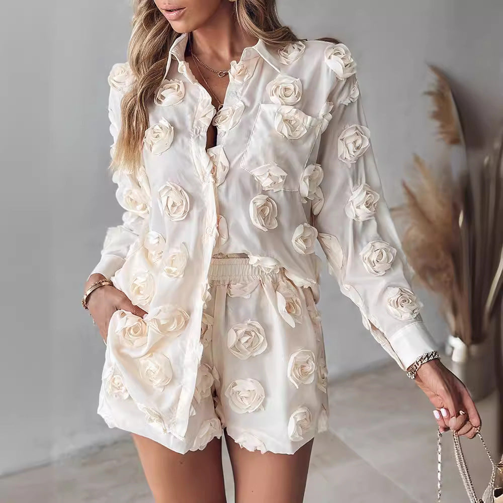 3D Floral Two-Piece Set - Women's Long Sleeve Top & Shorts