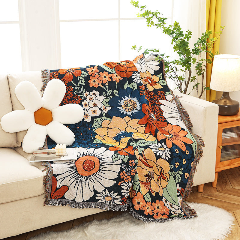 Floral Cotton Sofa Throw Blanket - Multi-Use Boho Tapestry for Couch, Bed, or Picnic
