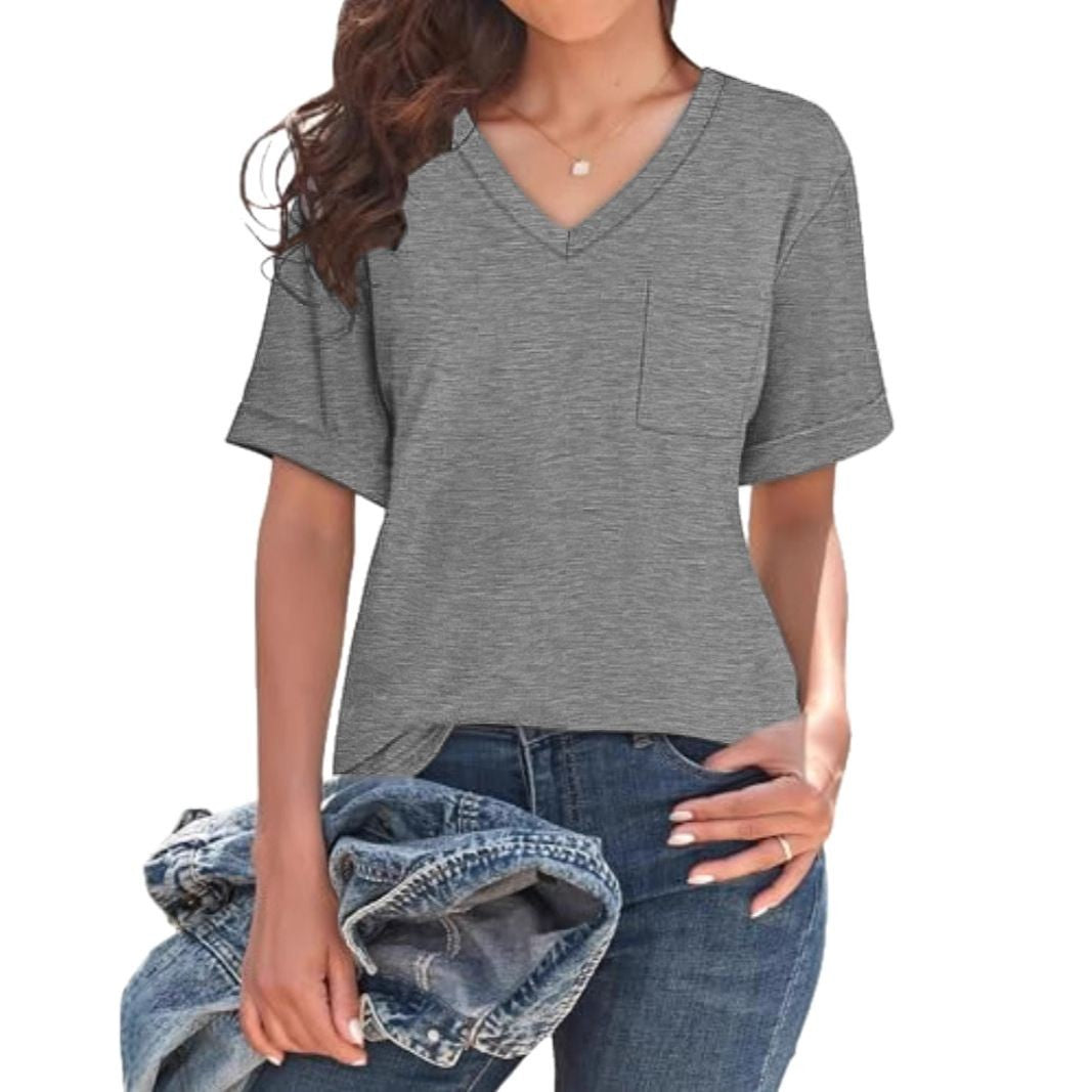 Casual V-Neck Pocket Tee - Loose Fit Short Sleeve T-Shirt