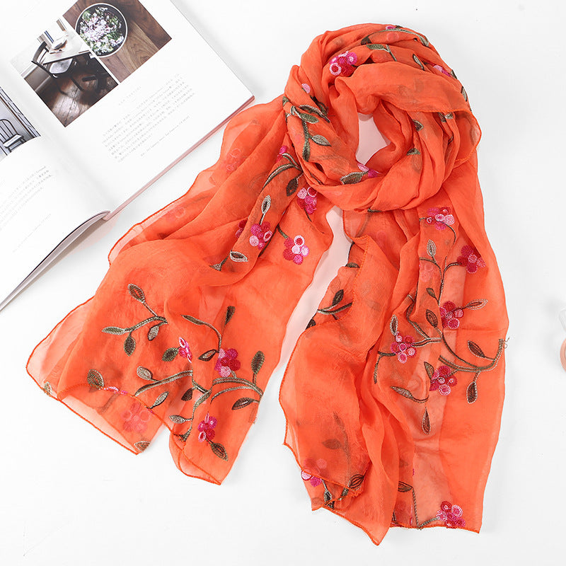 Embroidered Floral Chiffon Scarf - Lightweight Shawl & Wrap