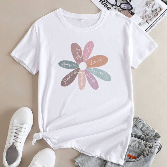 Bright Daisy Graphic Tee - Casual Round Neck Short Sleeve