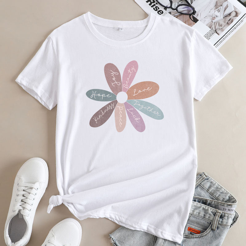 Bright Daisy Graphic Tee - Casual Round Neck Short Sleeve