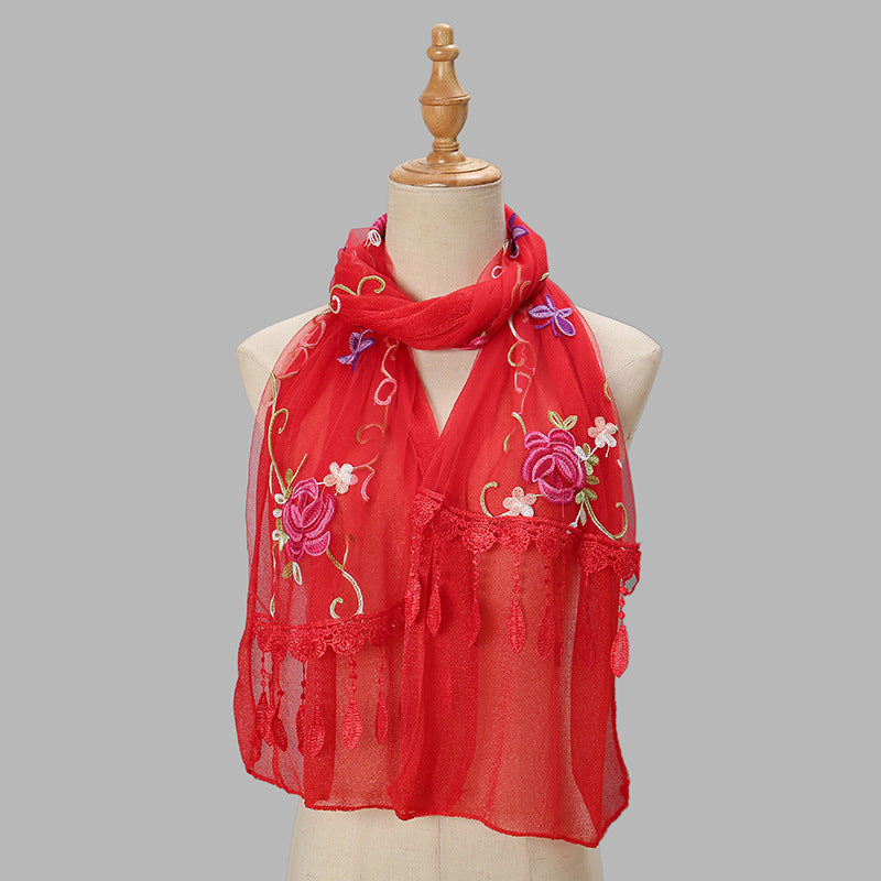 Embroidered Floral Tassel Scarf - Lightweight Double-Layer Wrap for Women