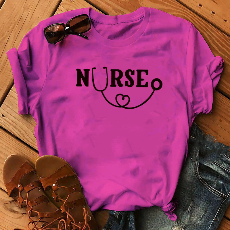 Nurse Graphic T-Shirt - Stethoscope Heart Print Short Sleeve