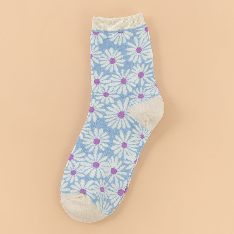 4-Pair Daisy Flower Cotton Socks - Women's Cute Casual Crew Set