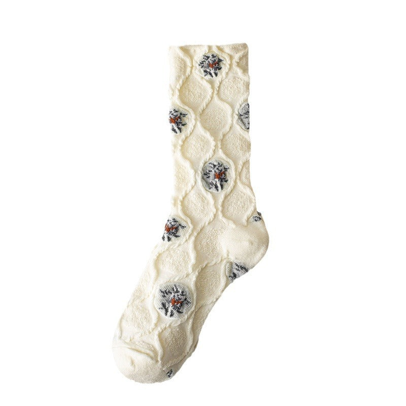 7-Pair Set - Women's Vintage Floral Lace Socks, Sheer Embroidered Dress Socks